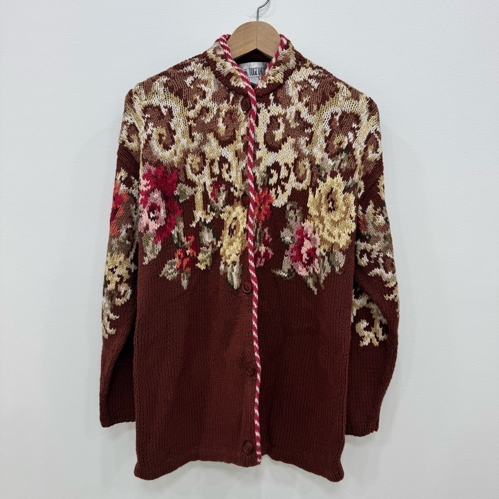 Vintage long button front Together Floral sweater cardigan Sz Large cotton blend